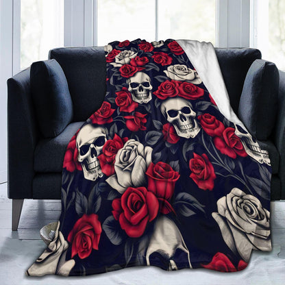 VODRM Horror Skull Blanket Gifts for Kids Adults Soft Warm Lightweight Cozy Gothic Red Rose White Black Skulls Throw Blankets for Bed Living Room Sofa Couch Halloween Goth Decor 50x60in