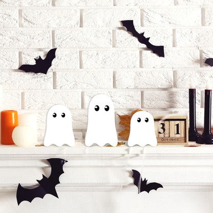 JarThenaAMCS 6Pcs Halloween Wooden Sign Cute Ghost Unfinished Ghost Shaped Table Wooden Signs for Halloween Autumn Tiered Tray Decor Home Kitchen Office DIY Craft