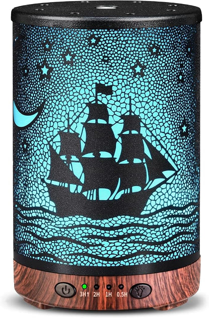 Essential Oil Diffuser 120ML Metal Aromatherapy Diffuser with Timer, Cool Mist Humidifier with Auto Shut-Off & 7 Color Lights for Home Office Spa (Sailing Ship)