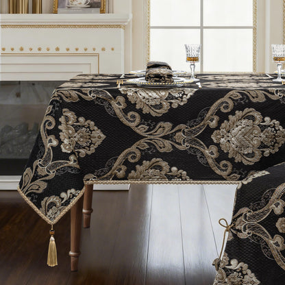 Loom and Mill Black Tablecloth 60 x 120 Inches, Classic Jacquard Rectangle Table Cover with Handmade Tassels for Halloween Dining Room Banquet Decorations (Black, 60"x120")