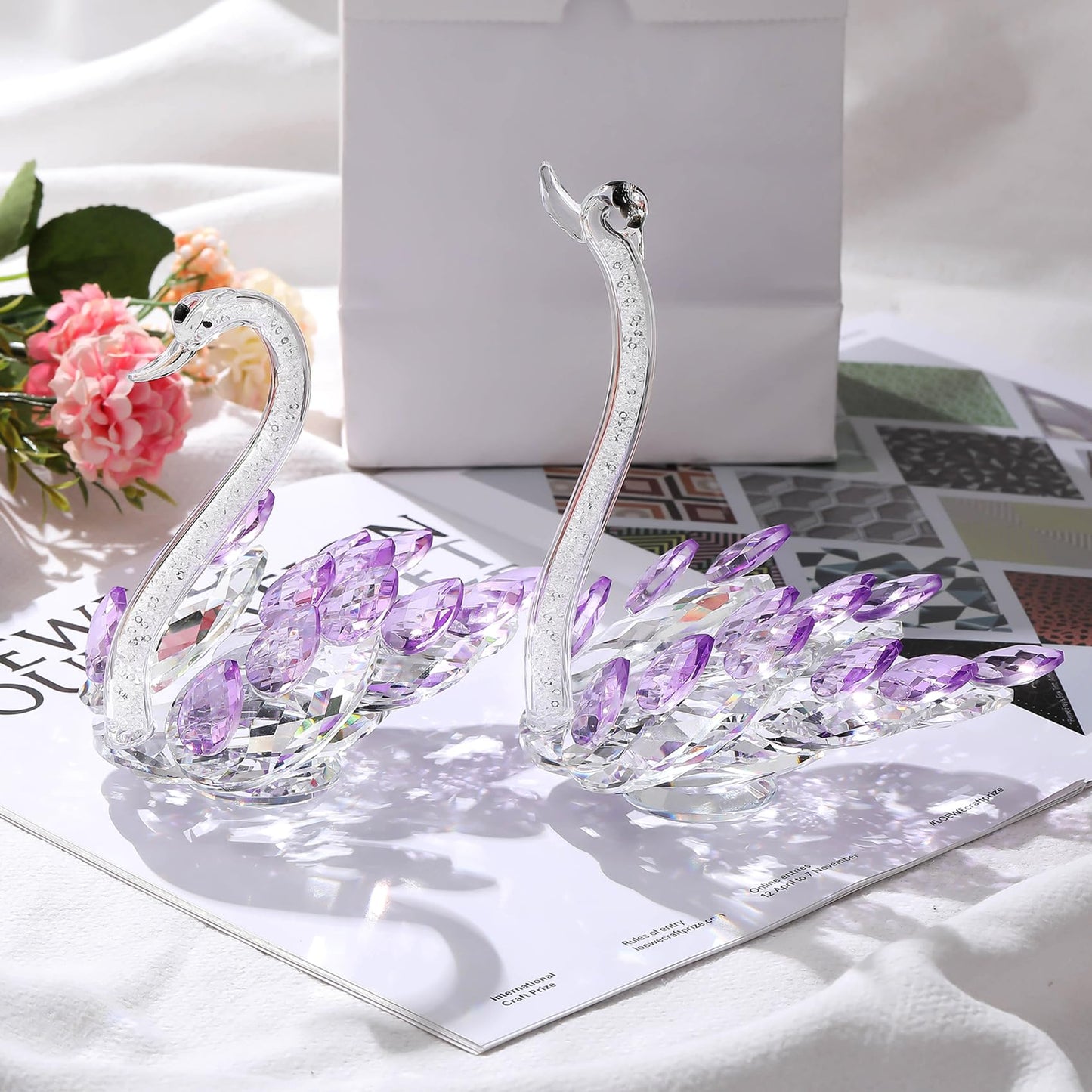 Ornalrist Set of 2 Crystal Purple Swans Figurines, Anniversary Wedding Gifts for Women, Mom, Couple, Glass Swan Collectibles Birthday Presents Keepsake for Parents Home Decor, 6.5in Gift Boxed