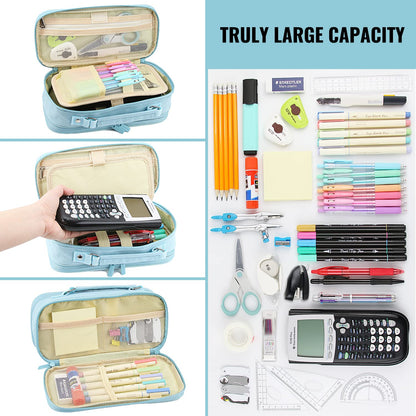 JOINPRO Large Capacity Pencil Case, 4 Compartment Pen Pouch Organizer with Double Zipper, Storage Bag for School, Office, Teen Girl Boy Men Women (Light Blue)