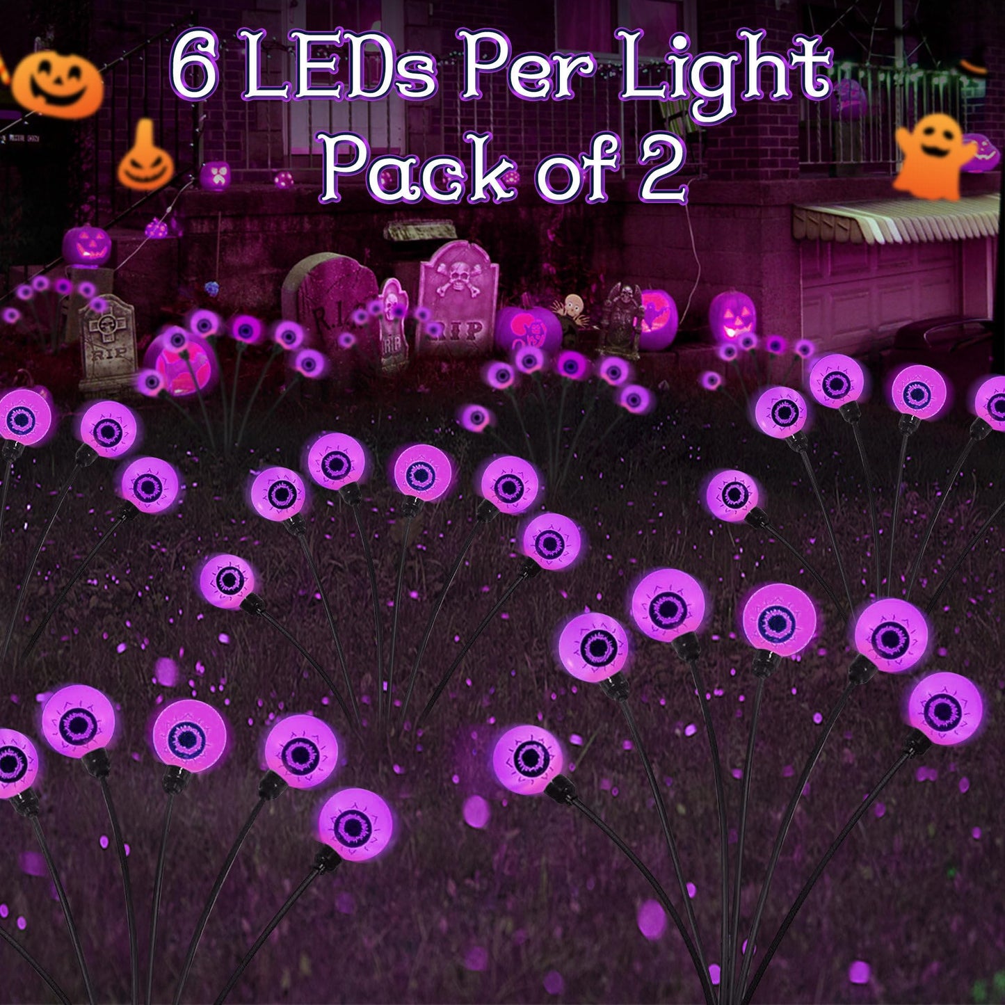Outdoor Halloween Decorations - Swaying Solar Eyeball Lights, 2PCS 12LED Firefly Lights, 2 Mode Waterproof Path Lights for Yard, Garden, Lawn, and Party Decor (Purple)