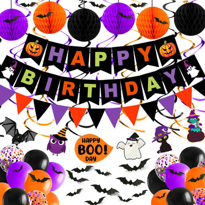 Halloween Birthday Party Decorations, 70PCs Halloween Birthday Decorations Set Including HAPPY BIRTHDAY Banner Bat Stickers Hanging Garland Swirl Streamers Purple Orange Black Balloons Honeycomb Ball
