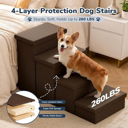 4-Step Wide Dog Stairs with Storage 23" H, Non-Slip Sturdy Pet Steps for High Bed Couch Window, Pet Stairs for Small/Medium/Large Old Dogs Cats Up to 220lbs, Cat Dog Steps for Car/SUV, Coffee