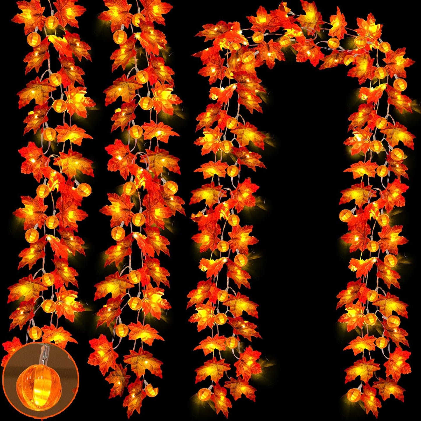3 Pack & Timer - Fall Decor Fall Garland with Pumpkin Lights Fall Decorations for Home, 30Ft 60LED 3D Pumpkin Fall Lights Patented Enlarged Maples Leaves Battery Operated Halloween Thanksgiving Decor