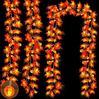 3 Pack & Timer - Fall Decor Fall Garland with Pumpkin Lights Fall Decorations for Home, 30Ft 60LED 3D Pumpkin Fall Lights Patented Enlarged Maples Leaves Battery Operated Halloween Thanksgiving Decor