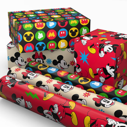Hallmark Disney Mickey Mouse Wrapping Paper Mini Rolls, 3-Pack (Mickey, Minnie, Mouse Ears, Red and Black) for Birthdays, Graduations, Celebrations, Any Occasion - 45 Sq. Ft. Total