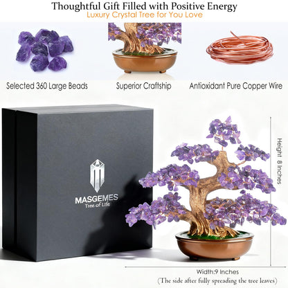 MASGEMES Amethyst Crystal Tree of Life – Handmade Gemstone Bonsai Tree with Natural Stones(360 Large Beads), Chakra Healing for Positive Energy, Home & Office Feng Shui 8"