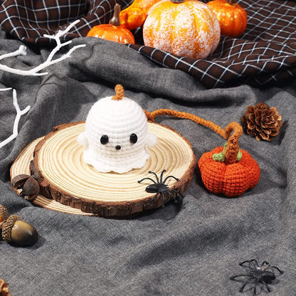 Halloween Car Ornament Crochet Pumpkin and Ghost Car Pendant for Car Mirror Upholstery Accessories, Hand Knitted Mirror Charm (2)