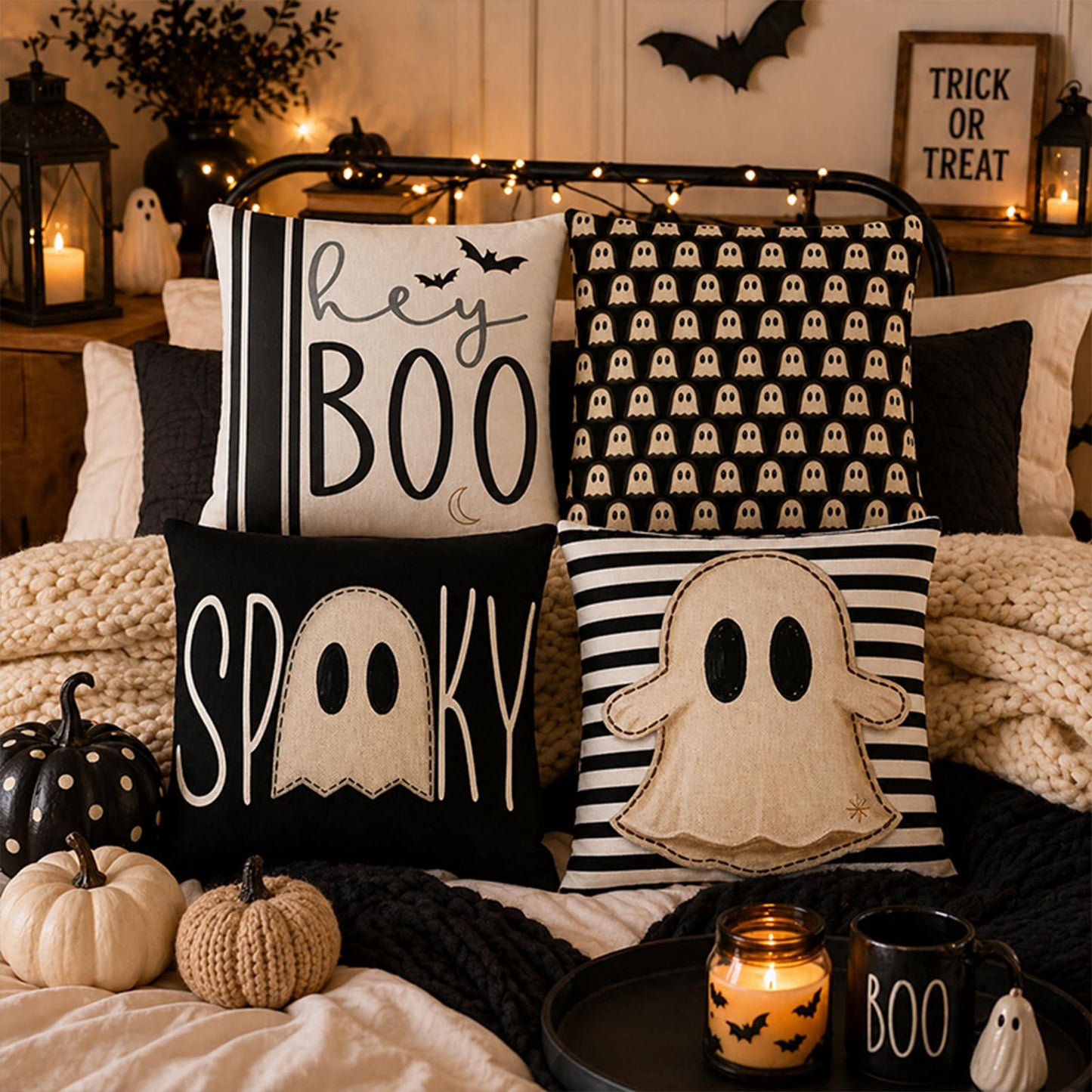 Juynyyn Halloween Hey Boo Cute Ghost Spooky Throw Pillow Covers, 18 x 18 Inch Horror Scary Cushion Case for Sofa Couch Set of 4
