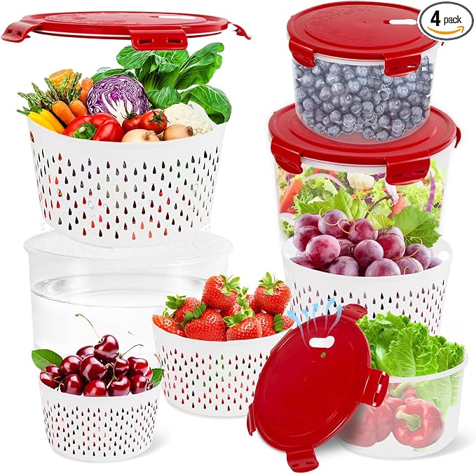 TBMax 8 Pieces Airtight Fruit Storage Containers for Fridge with Air Circulation Vent, 4 Pack Round Produce Saver with Colander for Berry Lettuce Salad Vegetable Storage, Refrigerator Organizers -Red