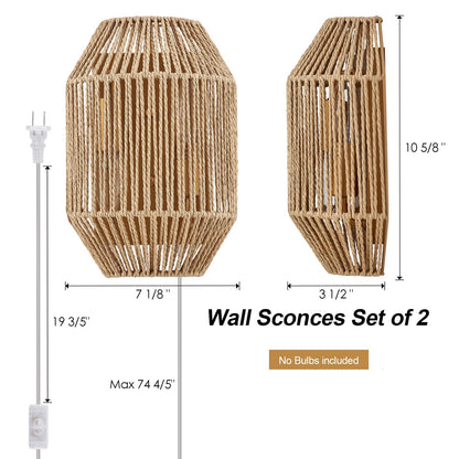 MhyTogn Natural Rattan Plug-in Wall Sconce Set of 2, with Boho Woven Wicker Shade Antique Brass Brush Paint Finish for Vanity Stairway Fireplace Living Room Bedside Passway Hallway