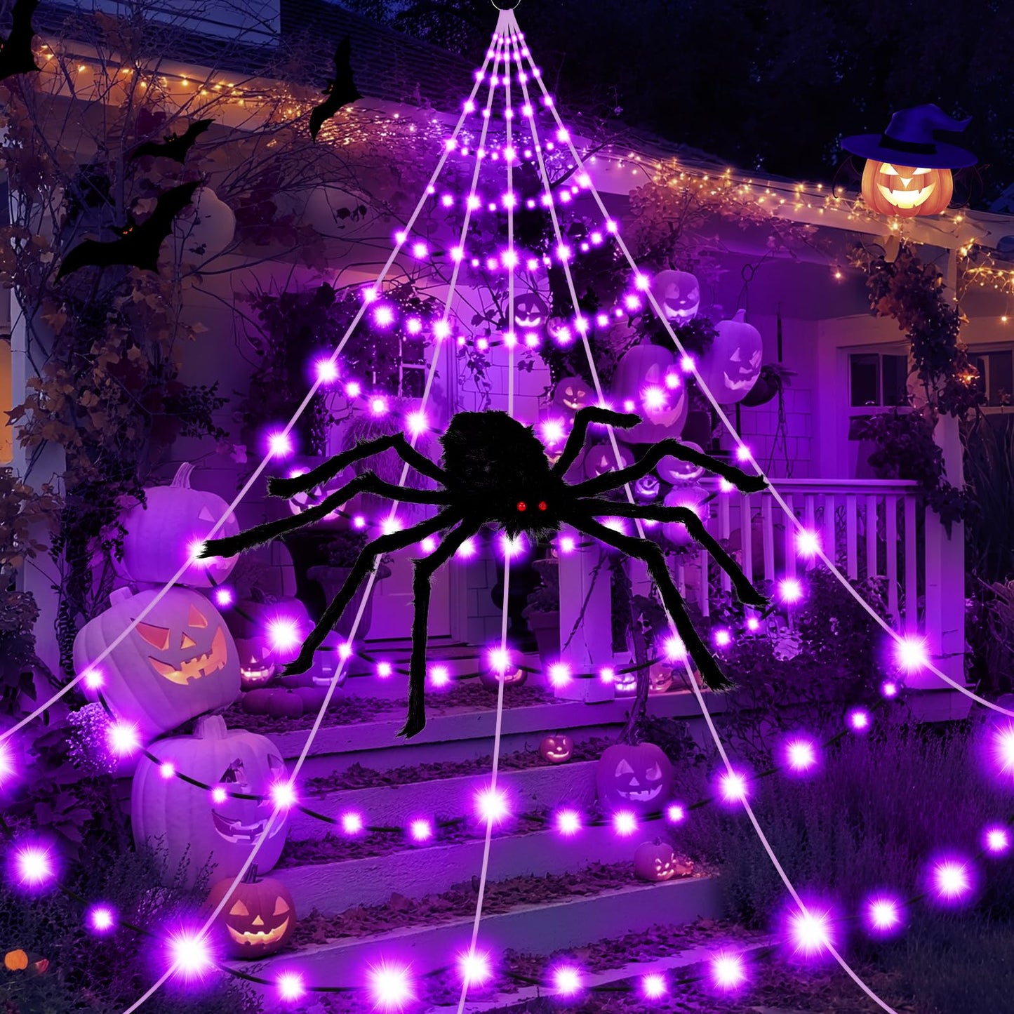 Halloween Decorations Spider Web Lights, 250 LED Purple Lights 19.7FT x 14.8FT Giant Halloween Decorations with 8 Modes Waterproof for Indoor Outdoor House Garden Yard，30" Large Spider Included