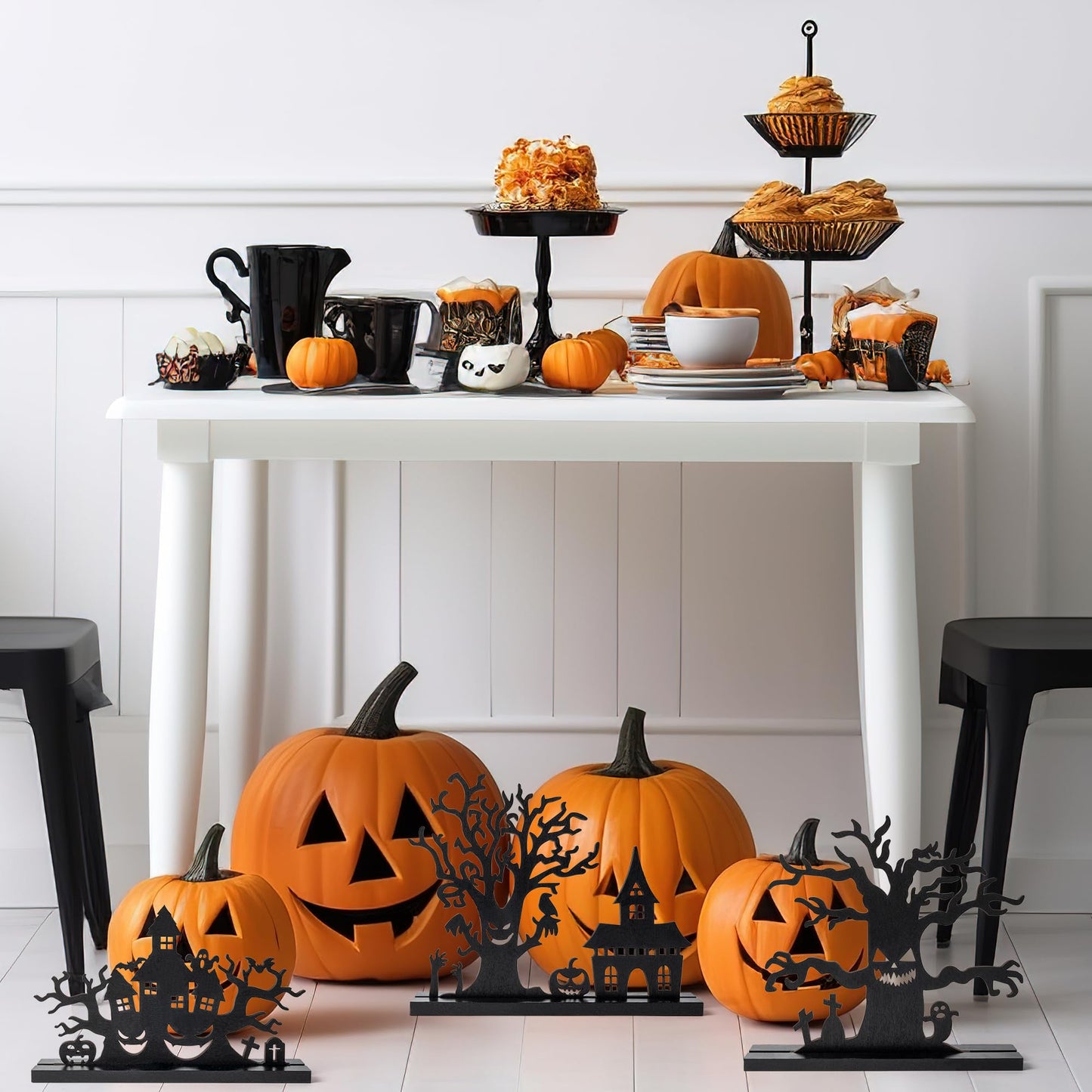 WATINC Halloween Wooden Centerpiece Decoration - 3Pcs Silhouette Haunted House Tree Wood Tabletop Decor, Black Sketch Horror Pumpkin Boo Detachable Tiered Tray Sign Table Topper for Home Kitchen Party
