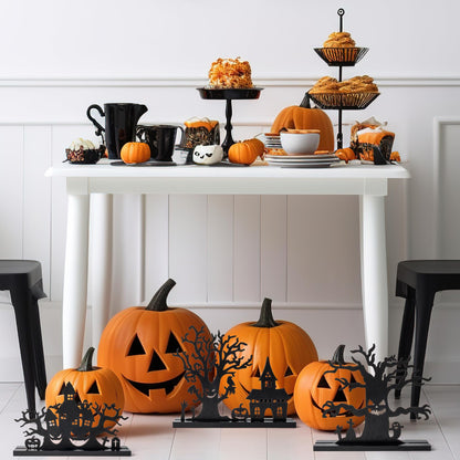 WATINC Halloween Wooden Centerpiece Decoration - 3Pcs Silhouette Haunted House Tree Wood Tabletop Decor, Black Sketch Horror Pumpkin Boo Detachable Tiered Tray Sign Table Topper for Home Kitchen Party