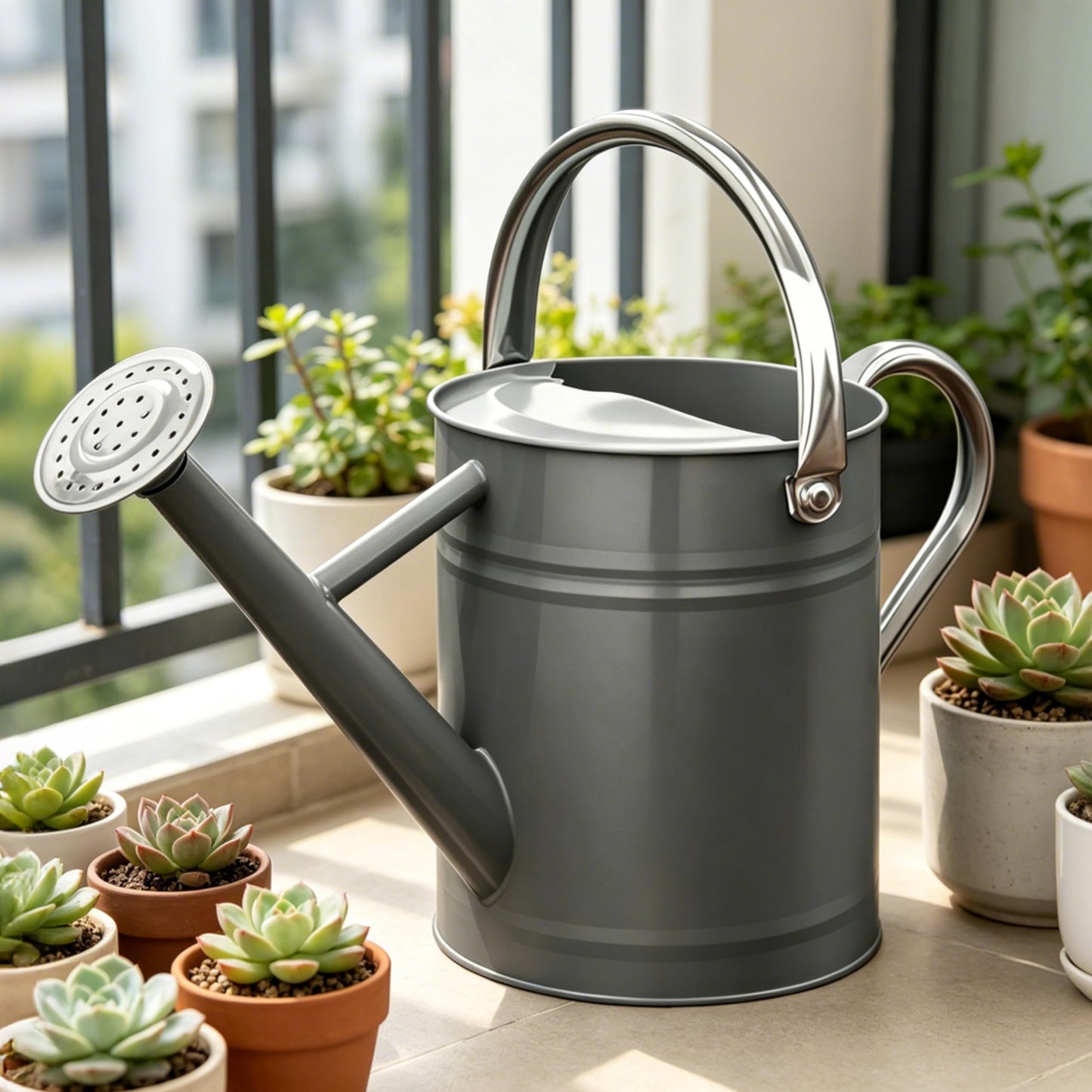 SunnyTong Metal Watering Can for Outdoor and Indoor Plants, Watering Can Decor, 1 Gallon (Gray)