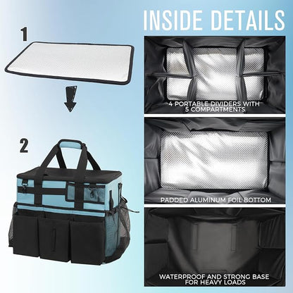 SCAVATA Rolling Cleaning Caddy Bag with Detachable Trolley, Large Cleaning Supplies Organizer with Wheels, Multi Pocket Cleaning Cart with Adjustable Shoulder Strap for Housekeepers & Home, SkyBlue