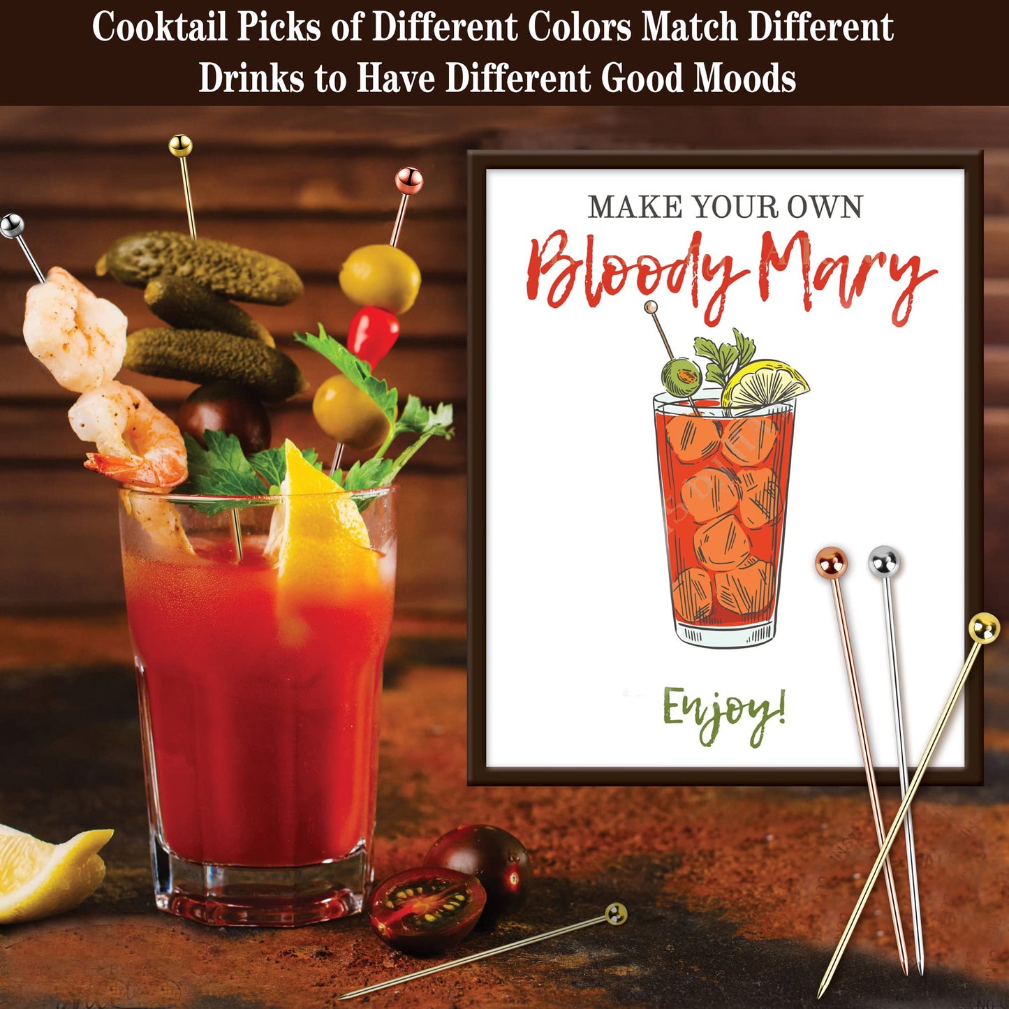 12PCS Bloody Mary Skewers Gift Set, 8 Inch Stainless Steel Cocktail Picks Metal Bloody Mary Accessories, Reusable Cocktail Skewers Bar Toothpicks for Drinks,4 silver 4 gold 4 rose gold