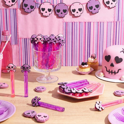 RoundFunny 24 Pcs Skull Mini Bubble Wands Skeleton Theme Party Supplies Favors Decorations Kawaii Cartoon Pink Purple Bubbles Sticks Wands for Birthday Party Goodie Gift Bag Outdoor Activity
