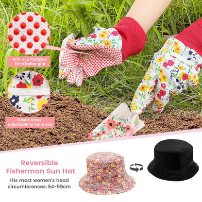 SNAIL GARDEN 6Pcs Garden Tools with Reversible Fisherman Sun Hat & Storage Bag,Gardening Hand Tools, Durable Rust-Proof Gardening Supplies, Garden Kit for Women Female Gardeners