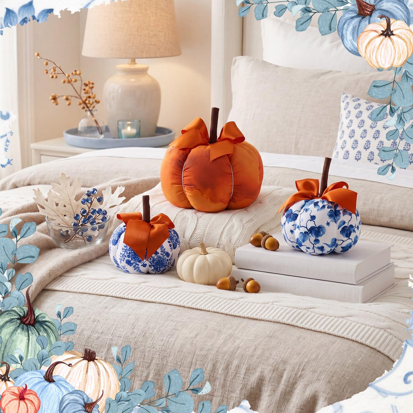 Frienda 3 Pcs Blue White Orange Fabric Pumpkins Chinoiserie Thanksgiving Decor Rustic Pumpkins Blue and White Porcelain Faux Fall Decor for Autumn Harvest Farmhouse Wedding Table Centerpiece Mantel