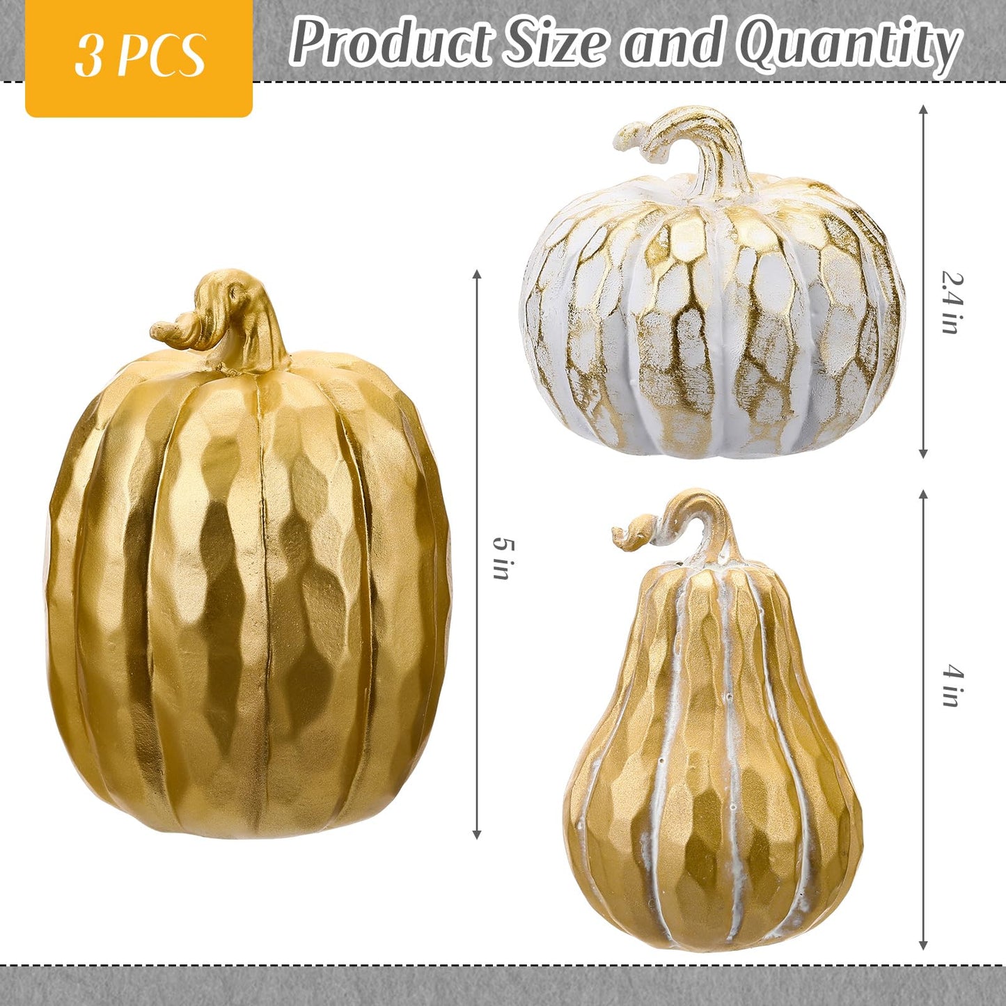 VioraWhite 3 Pack Fall Decor White and Gold Resin Figurine Thanksgiving Table Artificial Decorations for Autumn Harvest Indoor Home Farmhouse Kitchen(Pumpkin)