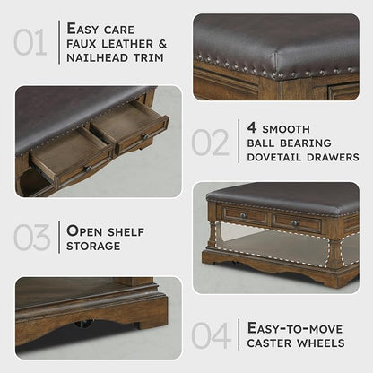 Lexicon 39 Inch Wood Coffee Table with 4 Drawers, Lower Open Shelf, Casters, Square Ottoman Coffee Table, Faux Leather Cocktail Ottoman, Nailhead Trim, Footrest for Living Room, Easy Assembly, Brown