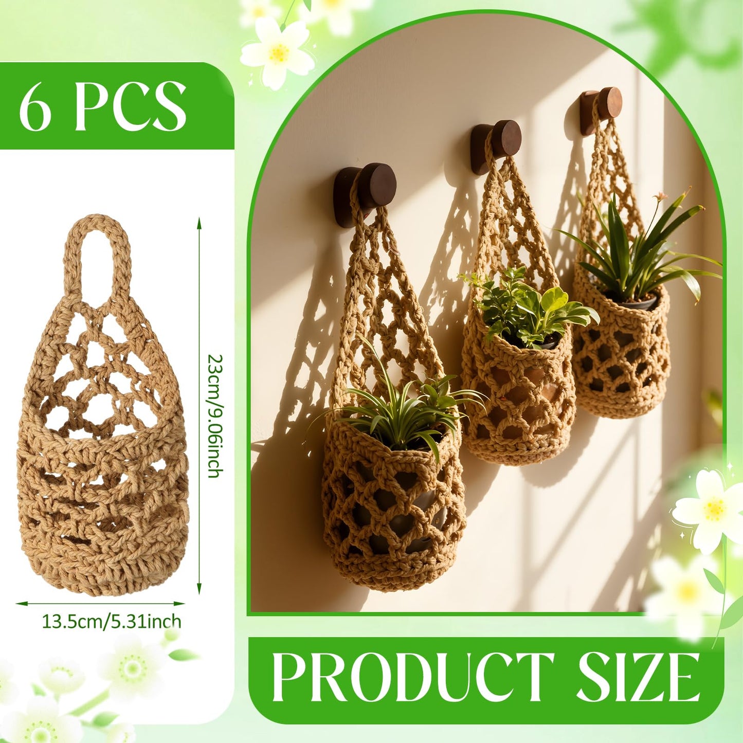 Teecyhooo 6 Pk Wall Planters for Indoor Macrame Plant Hanger Boho Wall Mounted Flower Baskets Hanging Planter, Plants and Pots are Not Included(Linen Color,4 x 8 Inch)