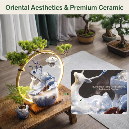 CIFUPUQU Tabletop Water Fountain, 17.3”Tall Deer Statue Waterfall Fountain with Incense Holder, LED Light & Adjustable Pump, Zen Relaxation Desk Fountains for Office,Living Room or Bedroom