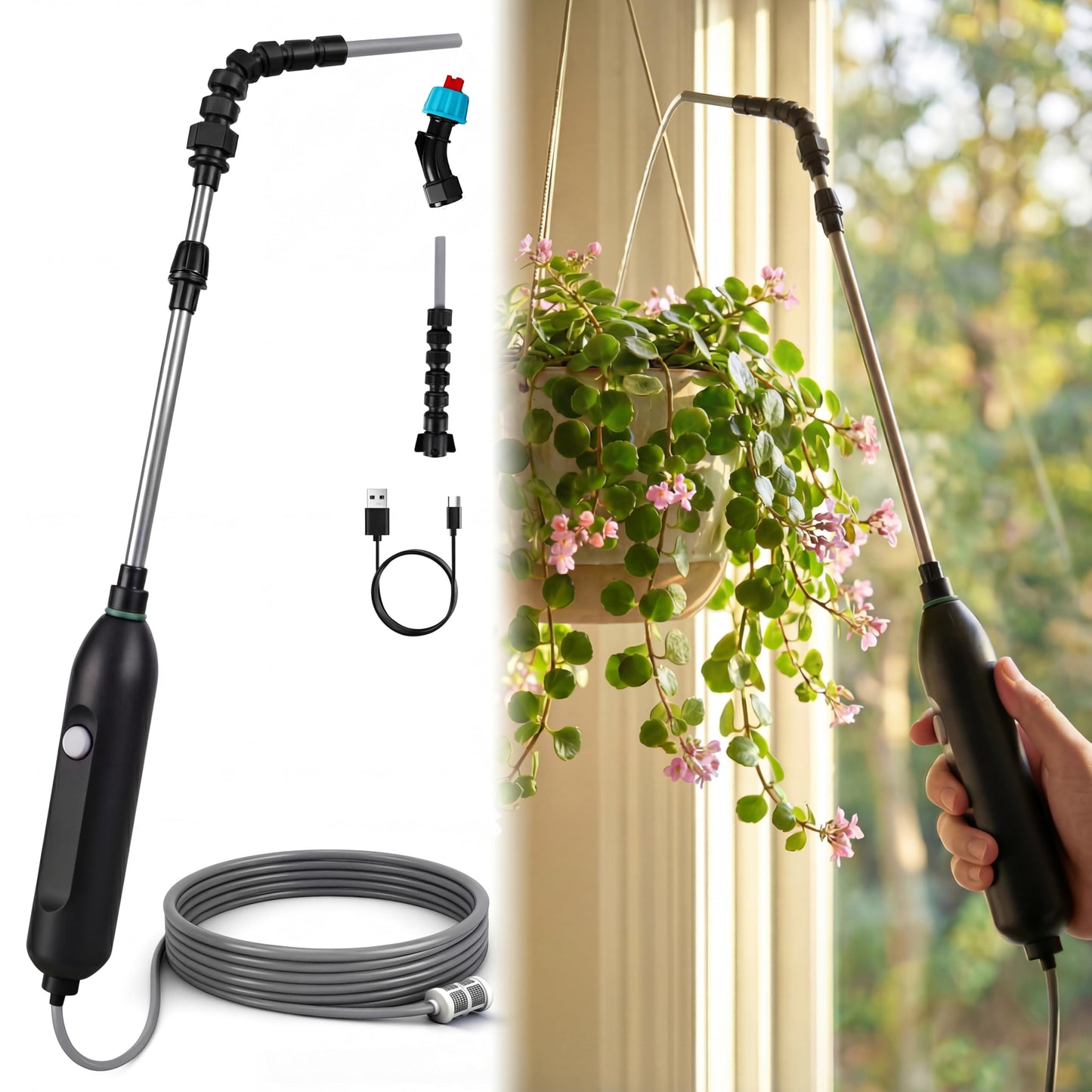 High Reach Electric Plant Waterer for Indoor Hanging Plants, Telescoping Indoor Water Sprayer Wand with Pump, 180° Adjustable Watering Nozzle High Flow Leakproof Design