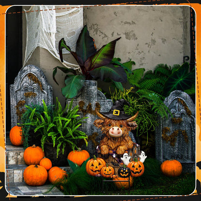 Amyhill Halloween Highland Cow Outdoor Decor Metal Garden Stakes with Pumpkins Bats Yard Signs for Halloween Outdoor Lawn Porch Backyard Holiday Lawn Decorations