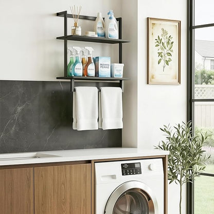 Wall Mounted Towel Rack for Bathroom, Bath Storage Holder 3-Tier Steel Wood Towel Shelf with Bar, Black