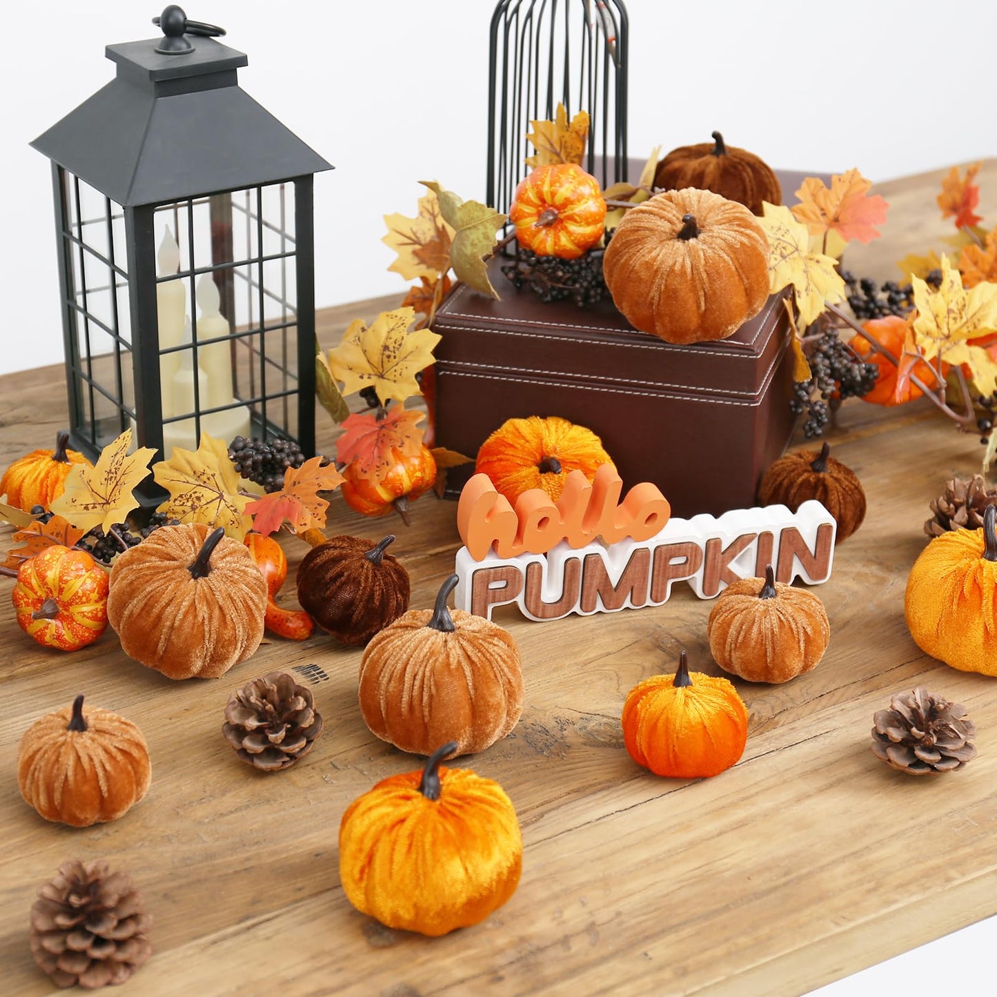 PurpleSwan 17 Pack Fall Artificial Velvet Pumpkins Decorations, Foam Faux Flocked Pumpkin Including Wooden Hello Pumpkins Sign, for Home Autumn Harvest Theme Party Halloween Thanksgiving Table Decor.