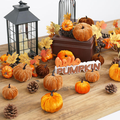 PurpleSwan 17 Pack Fall Artificial Velvet Pumpkins Decorations, Foam Faux Flocked Pumpkin Including Wooden Hello Pumpkins Sign, for Home Autumn Harvest Theme Party Halloween Thanksgiving Table Decor.