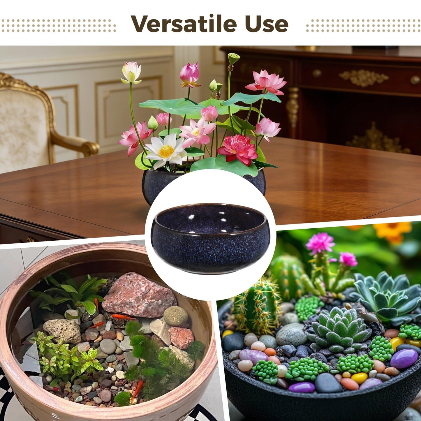 NIMBLOOM Ceramic Lotus Bowl Planter, Shallow Glazed Bonsai Pot for Water Plants, Blue Wide Dish Vase for Lotus Seeds Water Lily, Succulents and Hydroponic Arrangements, Tabletop Decor