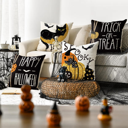 AVOIN colorlife Happy Halloween Boo Black Cat Trick or Treat Throw Pillow Covers, 18 x 18 Inch Spooky Pumpkin Bat Cushion Case for Sofa Couch Set of 4