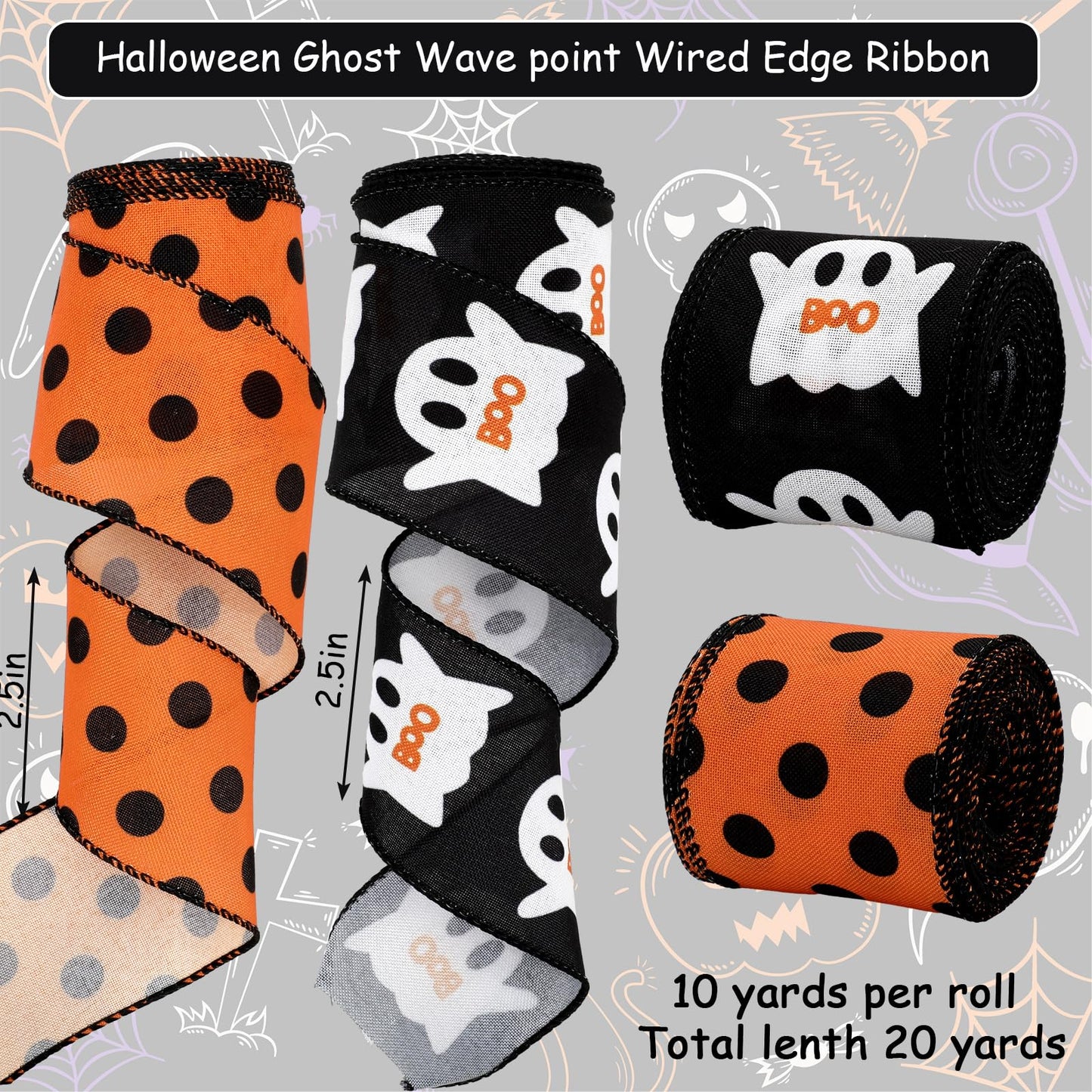 JarThenaAMCS Halloween Wired Edge Ribbon 2.5 Inch 20 Yards Orange Black Ghost Dots Ribbon Spooky Gift Wrap Ribbon for Bow Wreath Craft Party Decor, 2 Roll