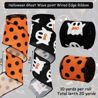 JarThenaAMCS Halloween Wired Edge Ribbon 2.5 Inch 20 Yards Orange Black Ghost Dots Ribbon Spooky Gift Wrap Ribbon for Bow Wreath Craft Party Decor, 2 Roll