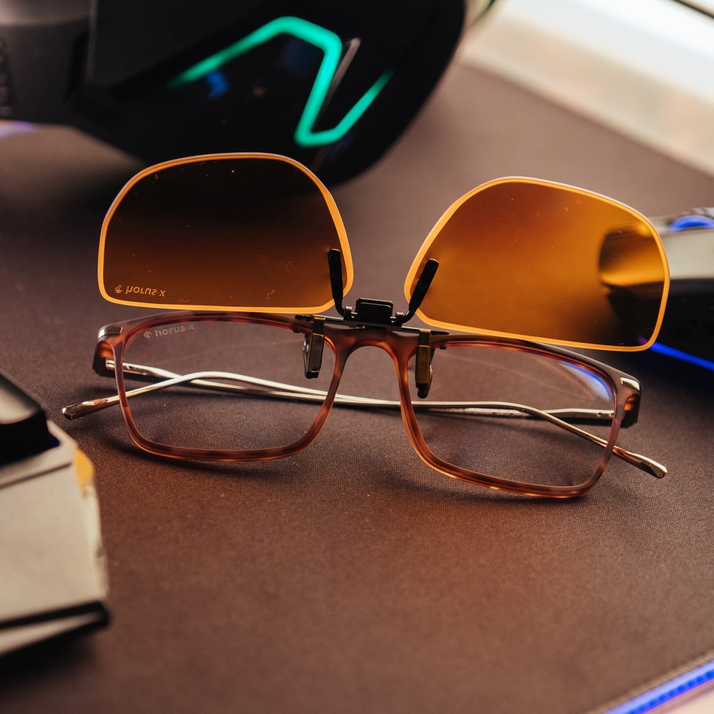 Horus X ® • Anti Blue Light Clip-On Glasses |Gaming Glasses Shield Anti Fatigue Eyestrain Migraine | Amber Lenses