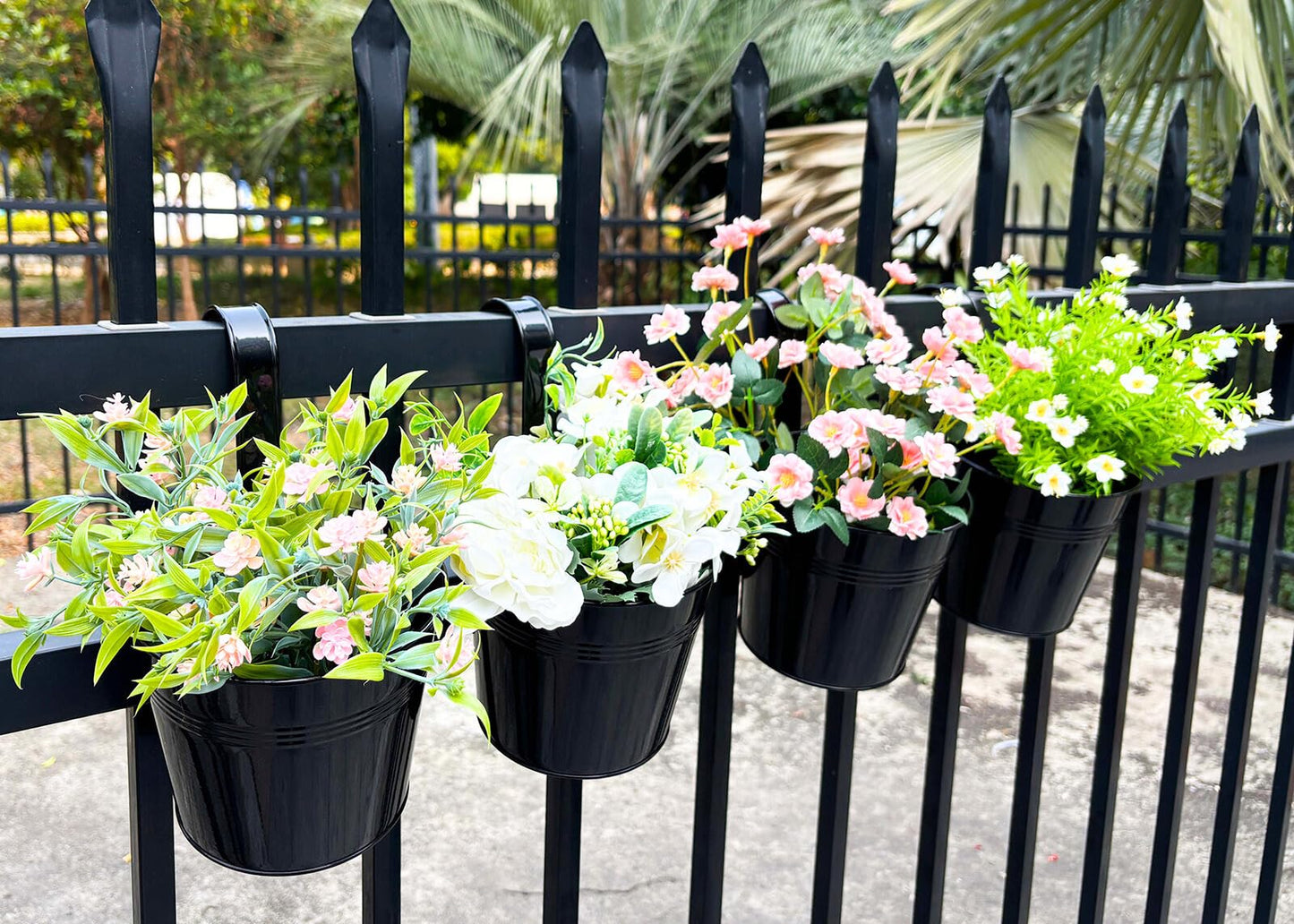 Joyfernal 4 Pack Black Railing Planter, 6 Inch Metal Hanging Planters for Outside Balcony Rails Fence with Detachable Hooks, Flower Pots Outside for Garden Patio (Black, Pack of 4)