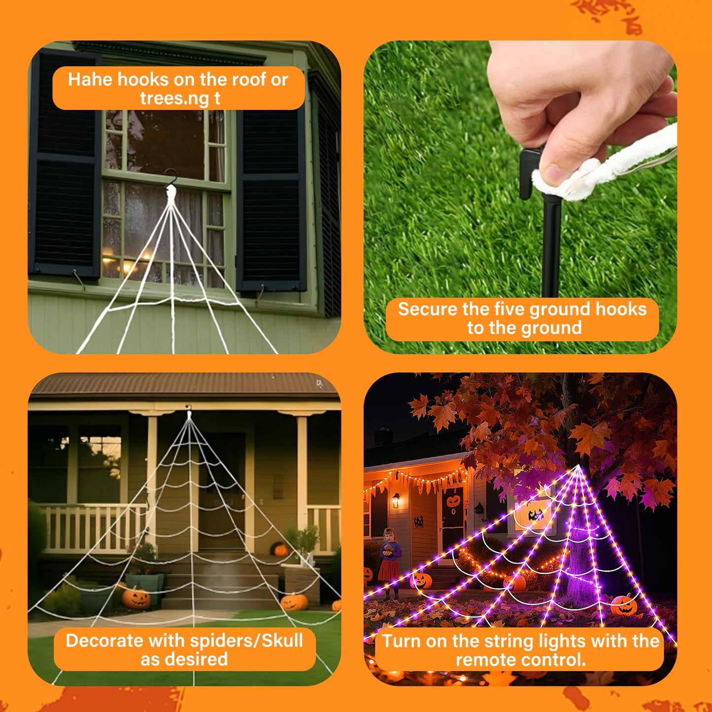 Halloween Spider Giant Web Lights: 350 LED Lighted Giant 23 Ft Halloween Decorations Light up with 8 Lighting Modes Outdoor Indoor Yard House Decor, Purple & Orange (350LED 23FT Giant Spider Web)