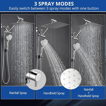 Shower Head, 10 Inch High Pressure Rainfall Shower Head/Handheld Shower Combo with 11 Inch Extension Arm, 9 Settings Adjustable Anti-leak Shower Head with Holder/Hose, Height/Angle Adjustable