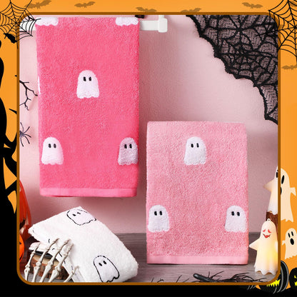 Oudain 3 Pcs Pink Ghost Hand Towels for Bathroom 100% Cotton Pink Halloween Embroidered Decorative Towels Cute Kitchen Gifts for Halloween Bath Shower Decors Housewarming 13.7 x 29.5 Inch