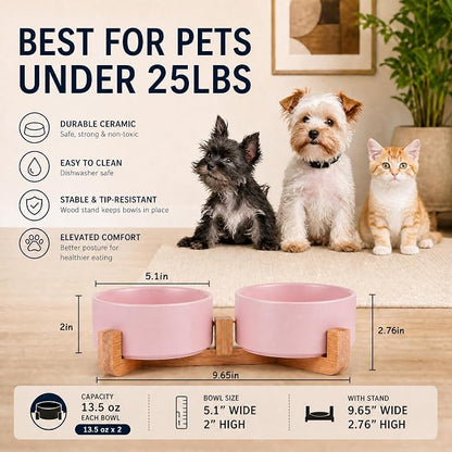 Petygooing Ceramic Cat Dog Bowl Set with Stand,Pink Pet Food and Water Dish,Small Dog Bowls Anti Slip Set of 2 Cat Bowls Pet Food Dishes Pet Bowl Small Size Pet (13.5OZ/5.1 in)