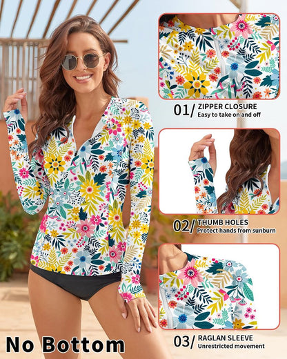 WOWENY Women Rash Guard Long Sleeve Swimsuit Top UPF 50 Sun Protection Swim Shirts Half Zip Bathing Suit No Bottom(A-White | Floral1, Large)