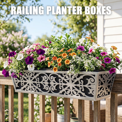 6 Pack 24 Inch Window Boxes Planter for Outdoor Plants Deck Railing Planters Box with Adjustable Brackets for Porch Fence Balcony Hanging Flower Baskets with Non-Woven Fabric Liner for Garden Decor