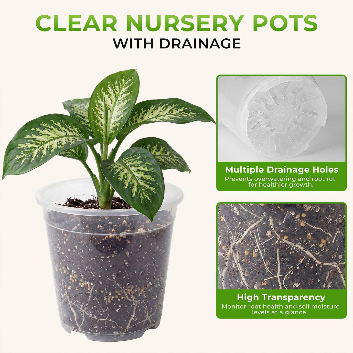 MeiVista 8 Pack Clear Nursery Pots with Drainage Holes, 5/6/6.7/7.5 Inch Sturdy Transparent Plastic Planters for Indoor & Outdoor, Includes 10 Labels, Ideal for Seed Starting and Planting