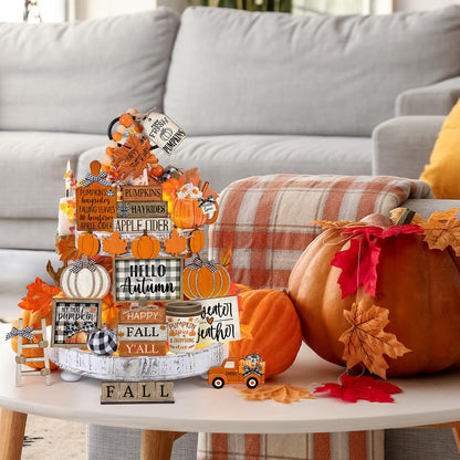 DoubleFill 21 Pcs Fall Thanksgiving Tiered Tray Decoration Set Thanksgiving Table Sign Pumpkins Farmhouse Gnome Maple Leaves Centerpieces Harvest Wood Blocks Signs Fall Block Tabletop for Autumn