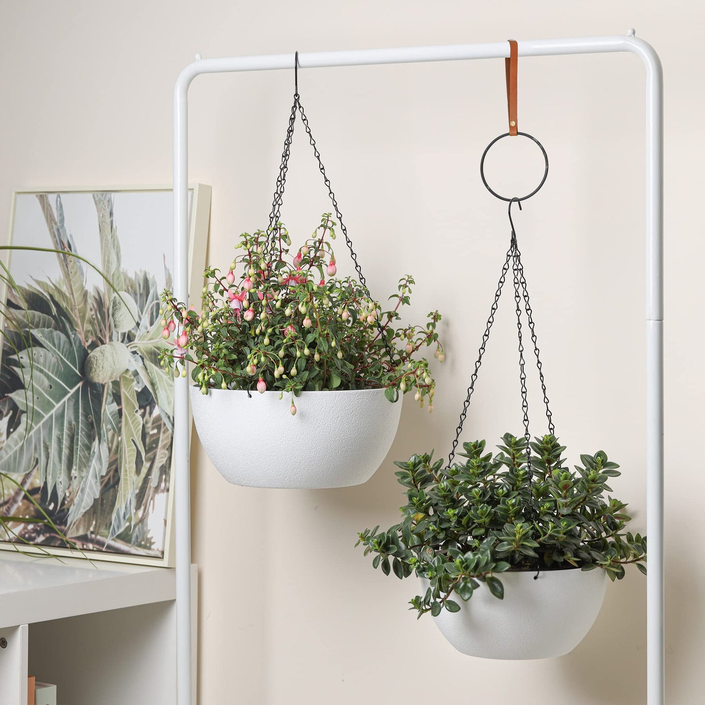 T4U Plastic Hanging Planters 2-Pack, 12 Inch Large Hanging Flower Plant Pots with Drainage Hole for Indoor Outdoor Plants, Round Hanging Basket for Home Garden Porch Balcony Patio Decor (White)